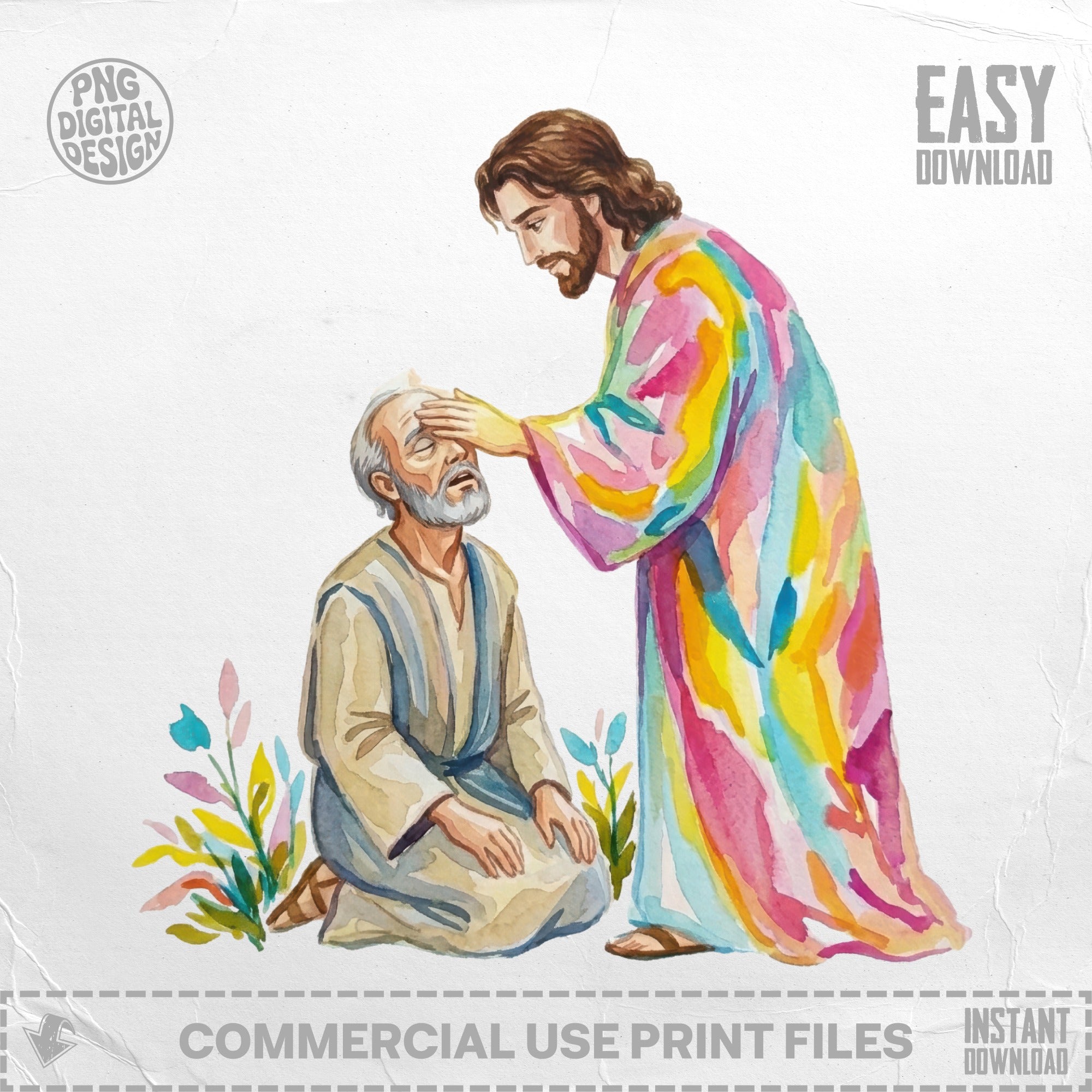 Jesus healing a blind man with colorful robe and watercolor style.