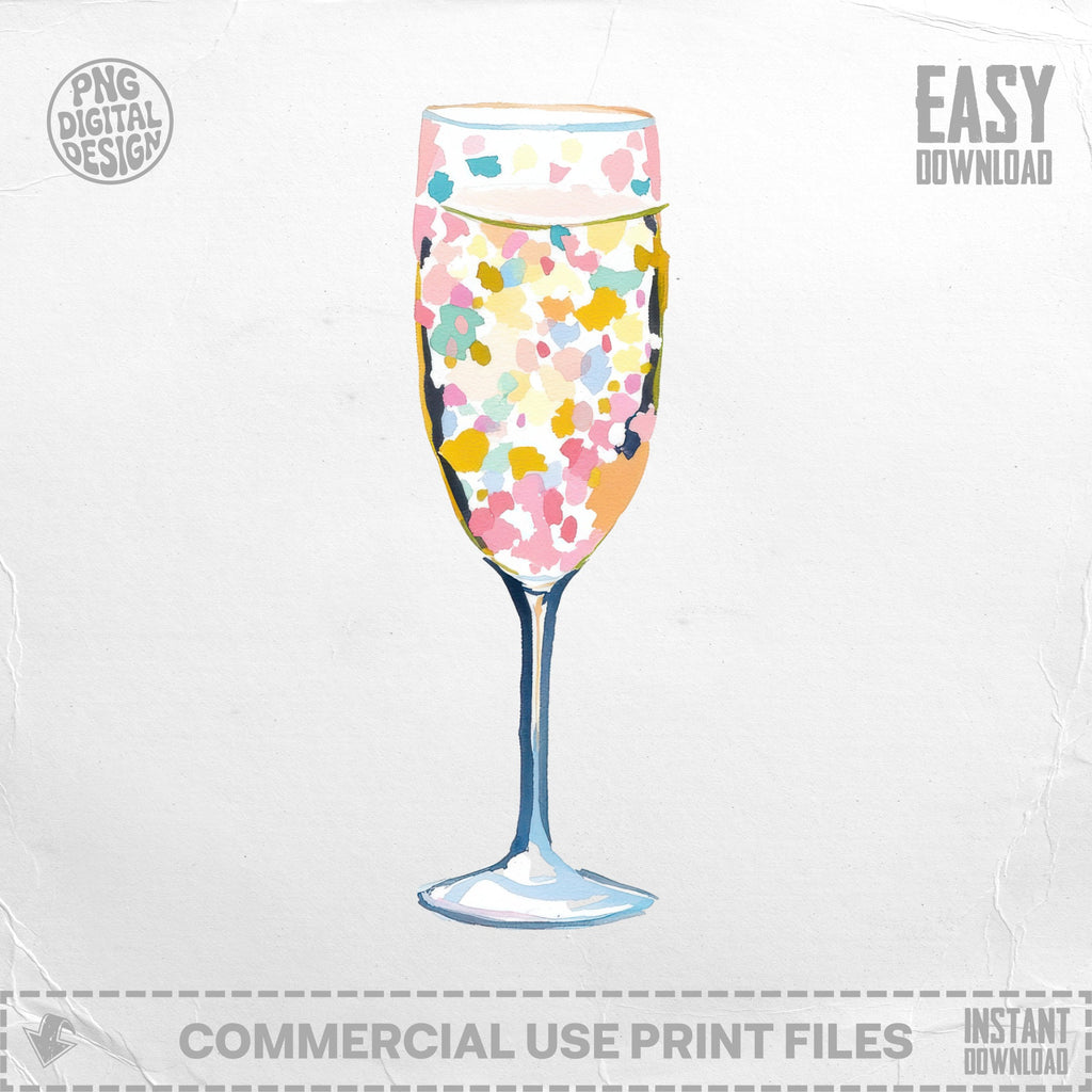 Champagne flute with colorful confetti and text "EASY DOWNLOAD".