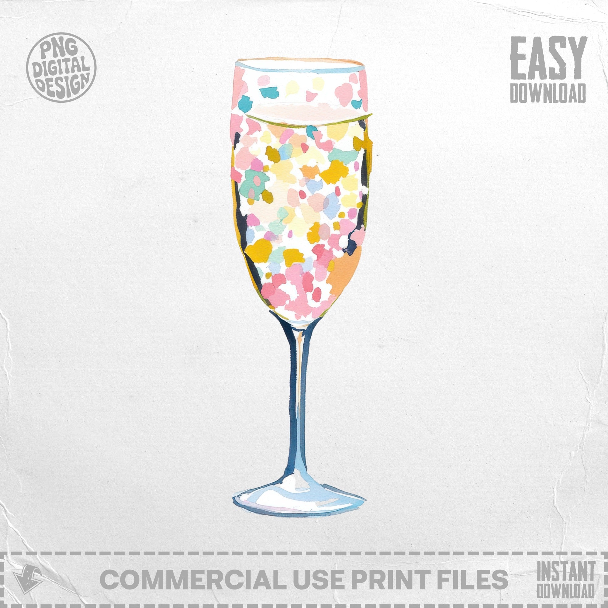 Champagne flute with colorful confetti and text "EASY DOWNLOAD".