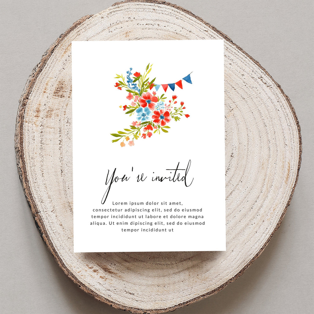 Invitation card with floral design and "You're invited" text.