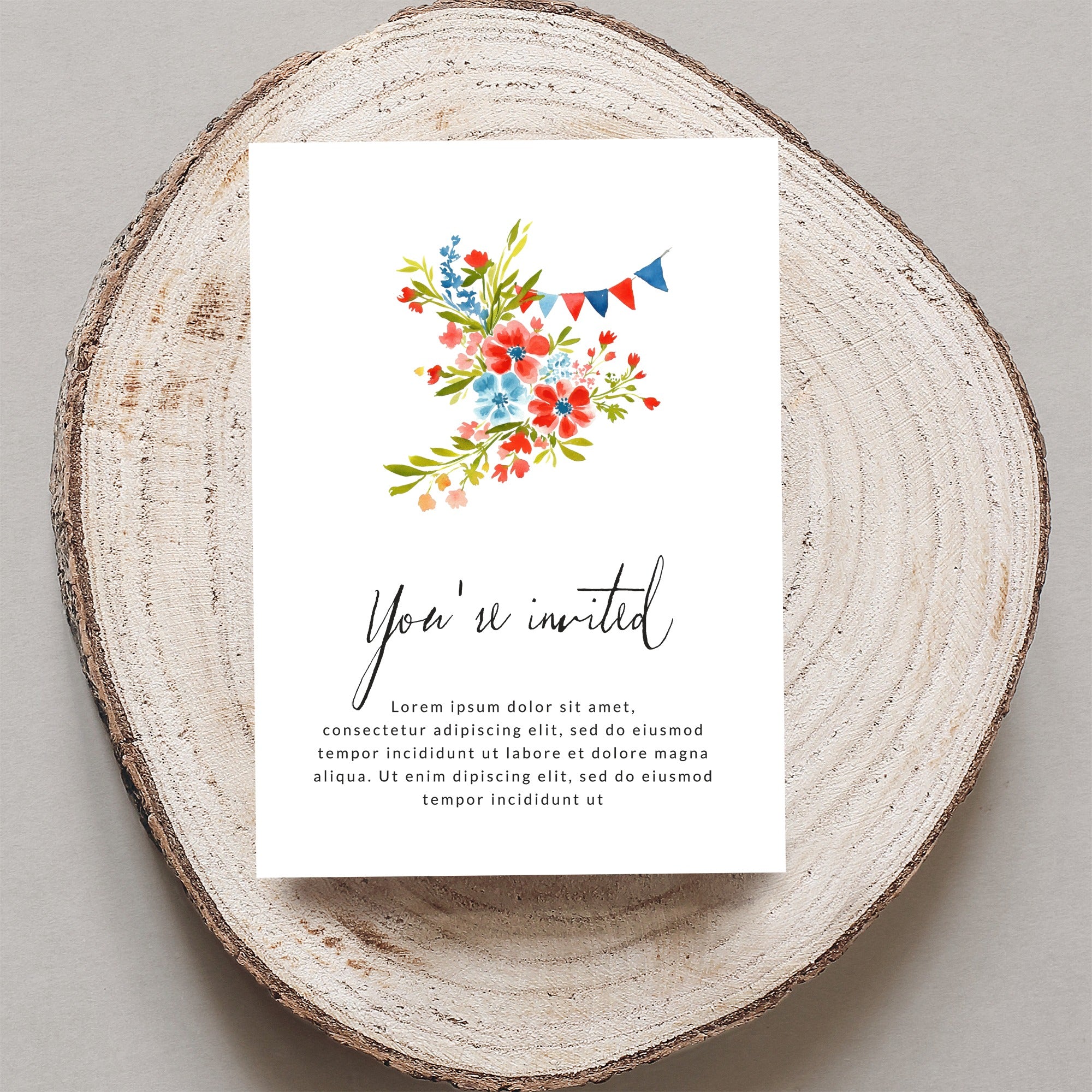 Invitation card with floral design and "You're invited" text.