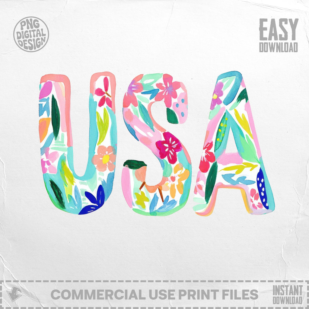 "USA" text rendered in colorful watercolor flowers and leaves.