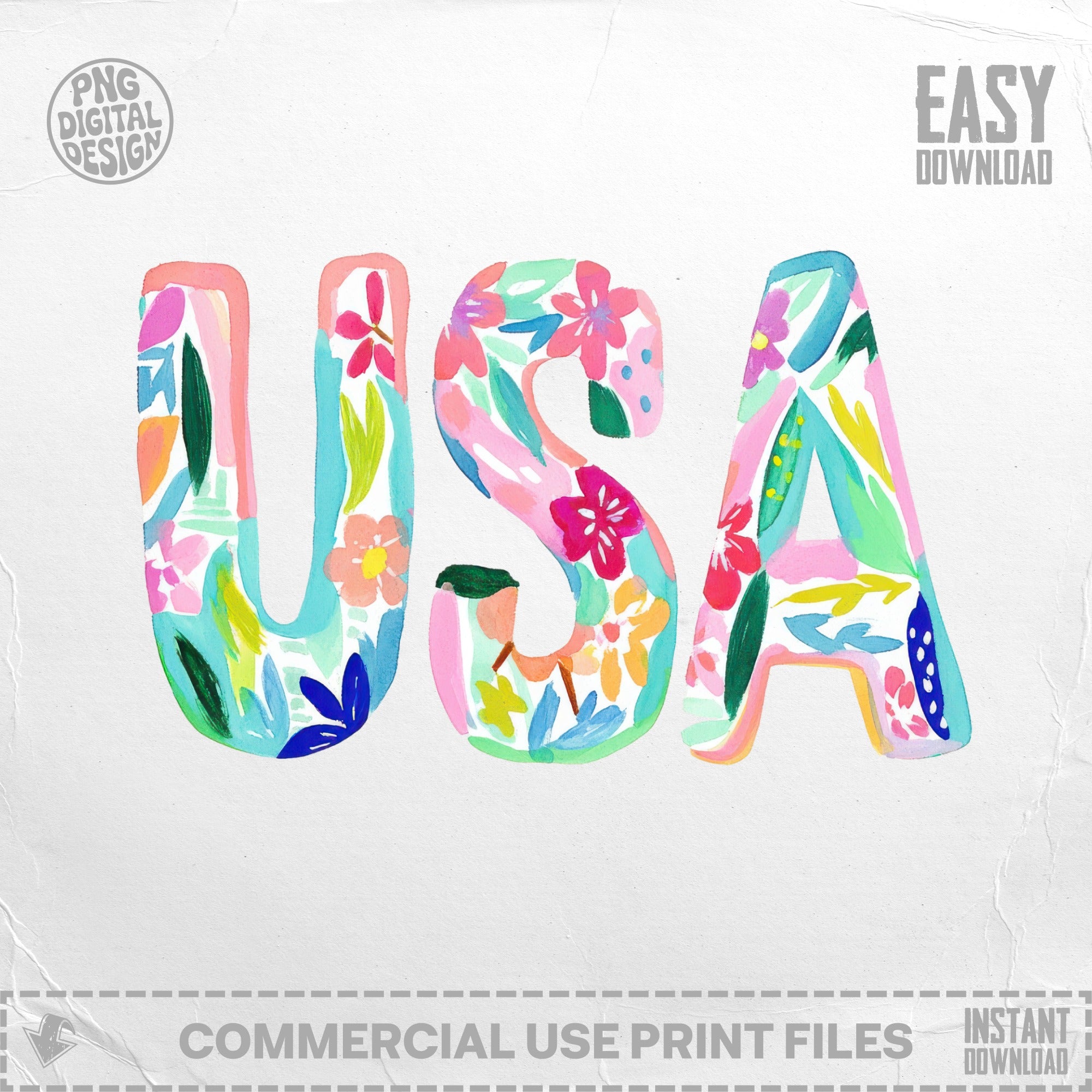"USA" text rendered in colorful watercolor flowers and leaves.