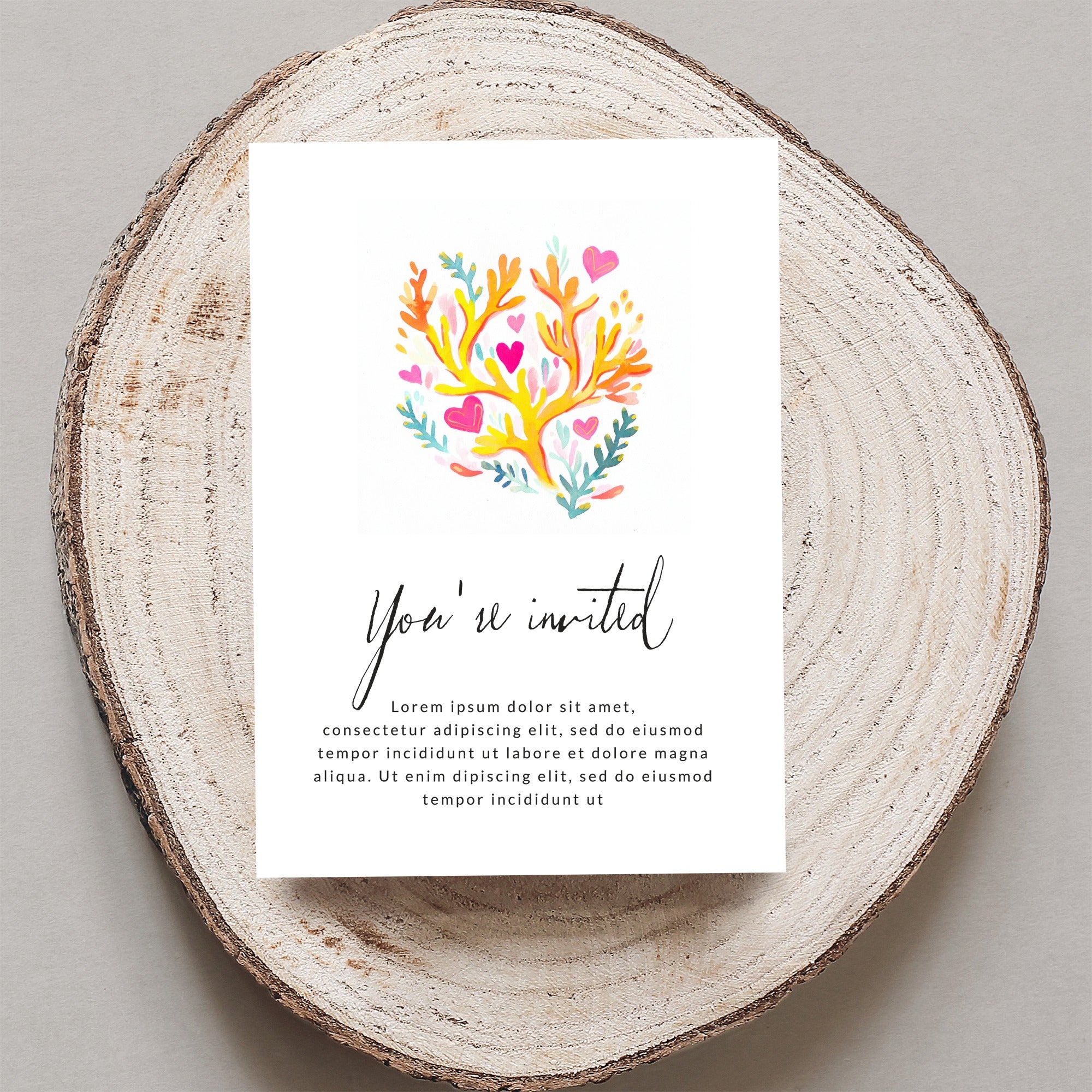 Invitation with floral illustration and "You're invited" text.