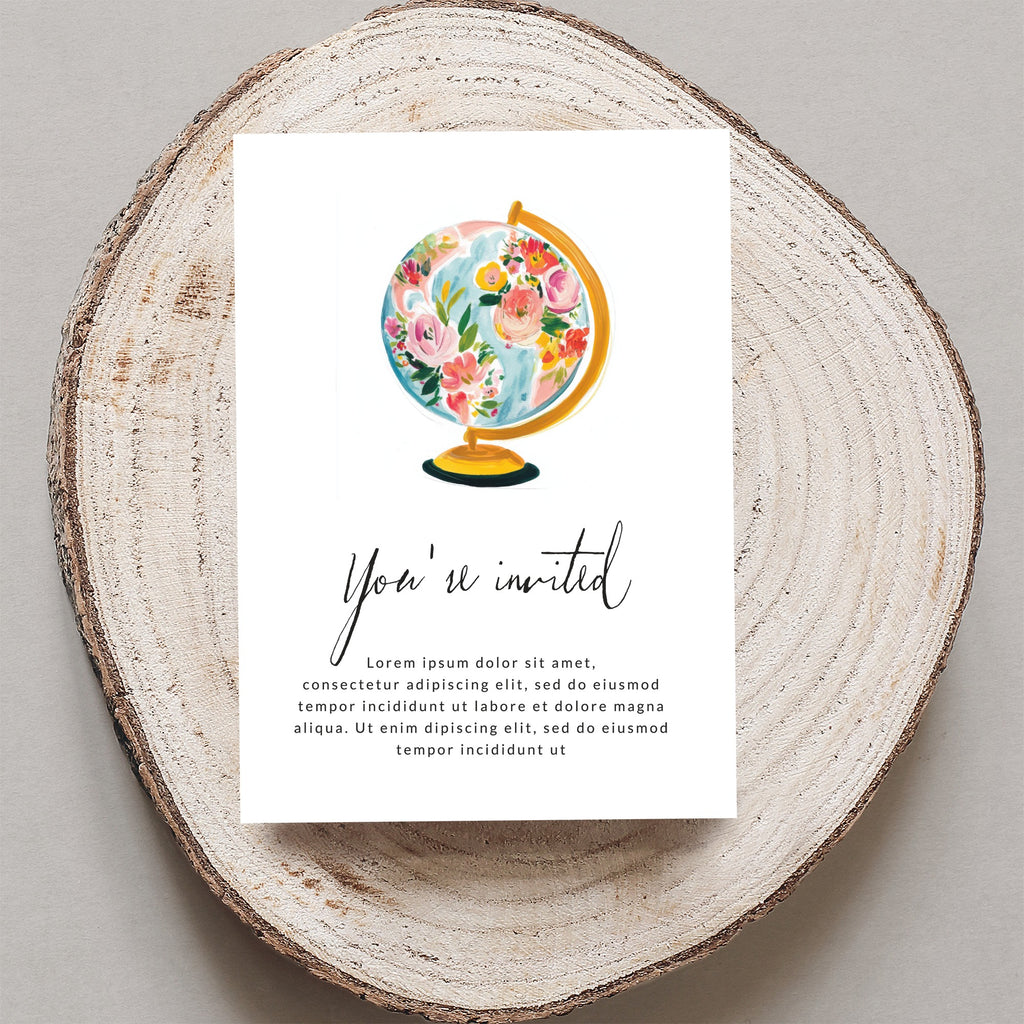 Invitation with floral globe illustration and placeholder text.