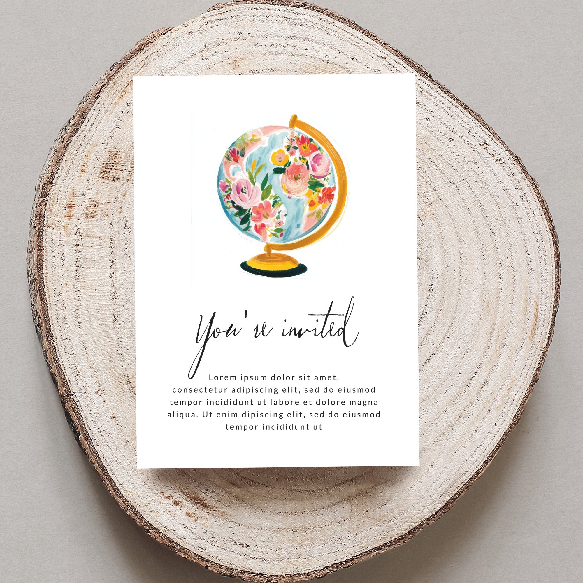 Invitation with floral globe illustration and placeholder text.