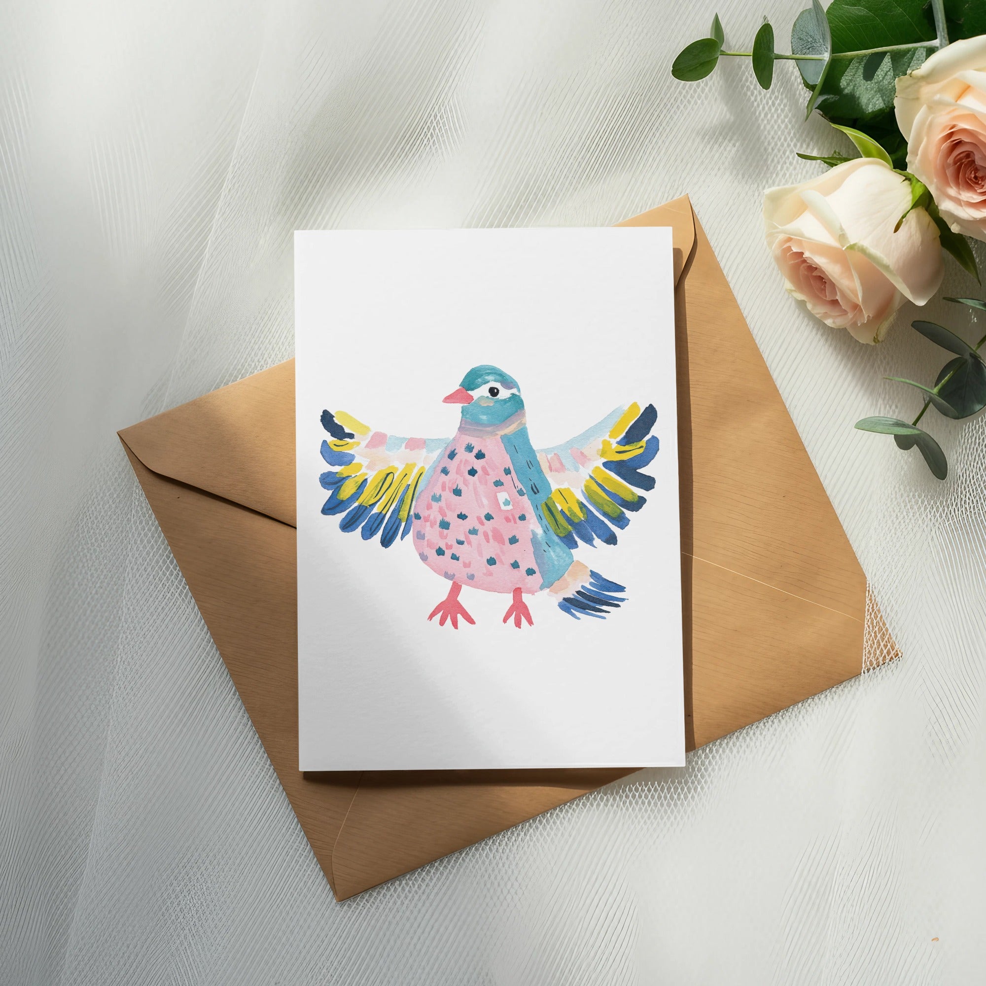 Watercolor illustration of a colorful bird on a white card with a brown envelope.