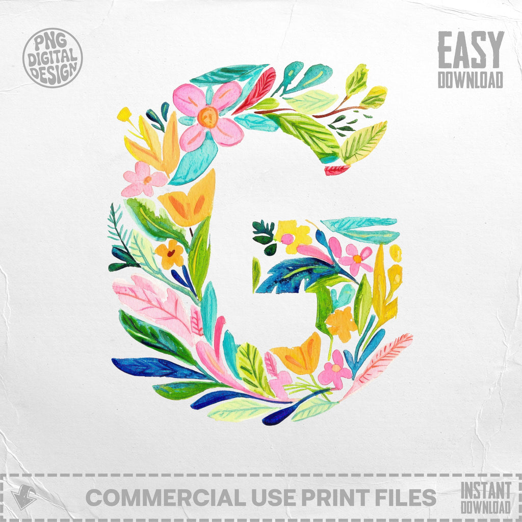 Floral letter G with "easy download" and "commercial use print files" text.