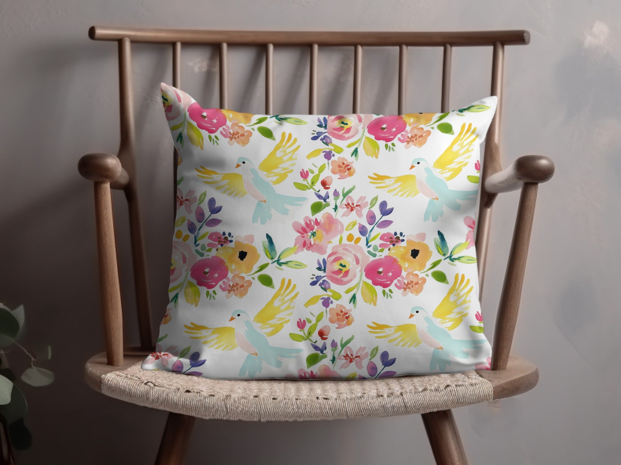 Colorful Birds and Flowers Decorative Throw Pillow