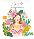 Illustration of a woman in a pink bikini surrounded by tropical flowers.