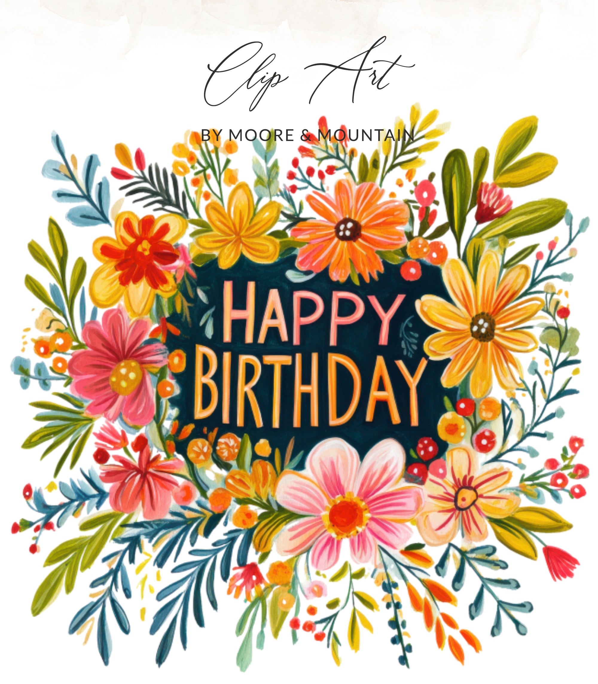 Floral "Happy Birthday" text art with colorful flowers and leaves.