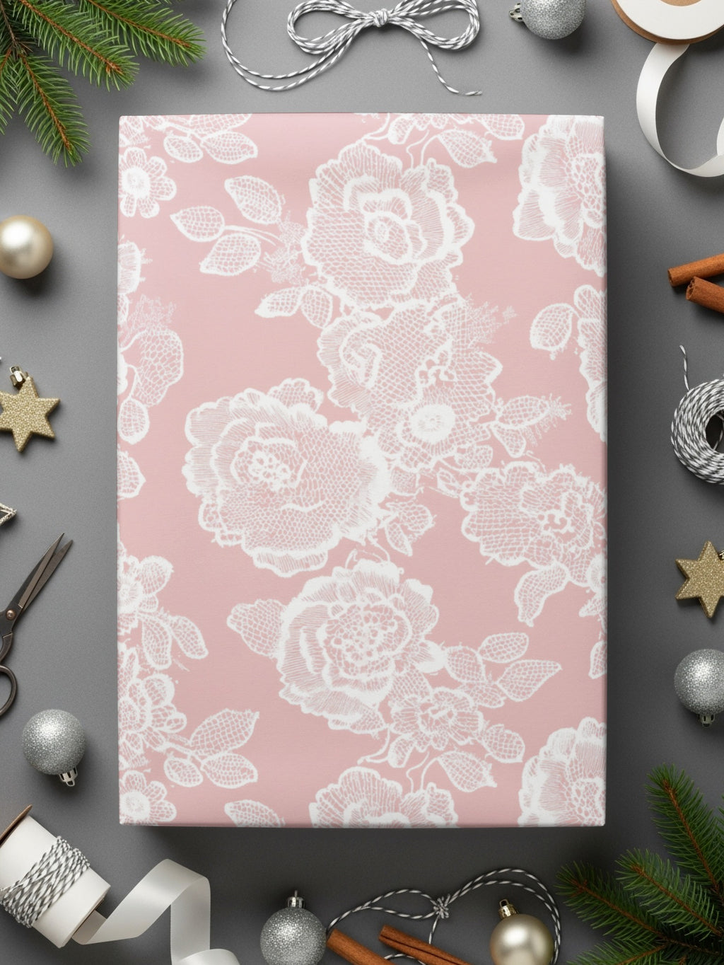 Elegant Pink Floral Christmas Themed Wrapping Paper
