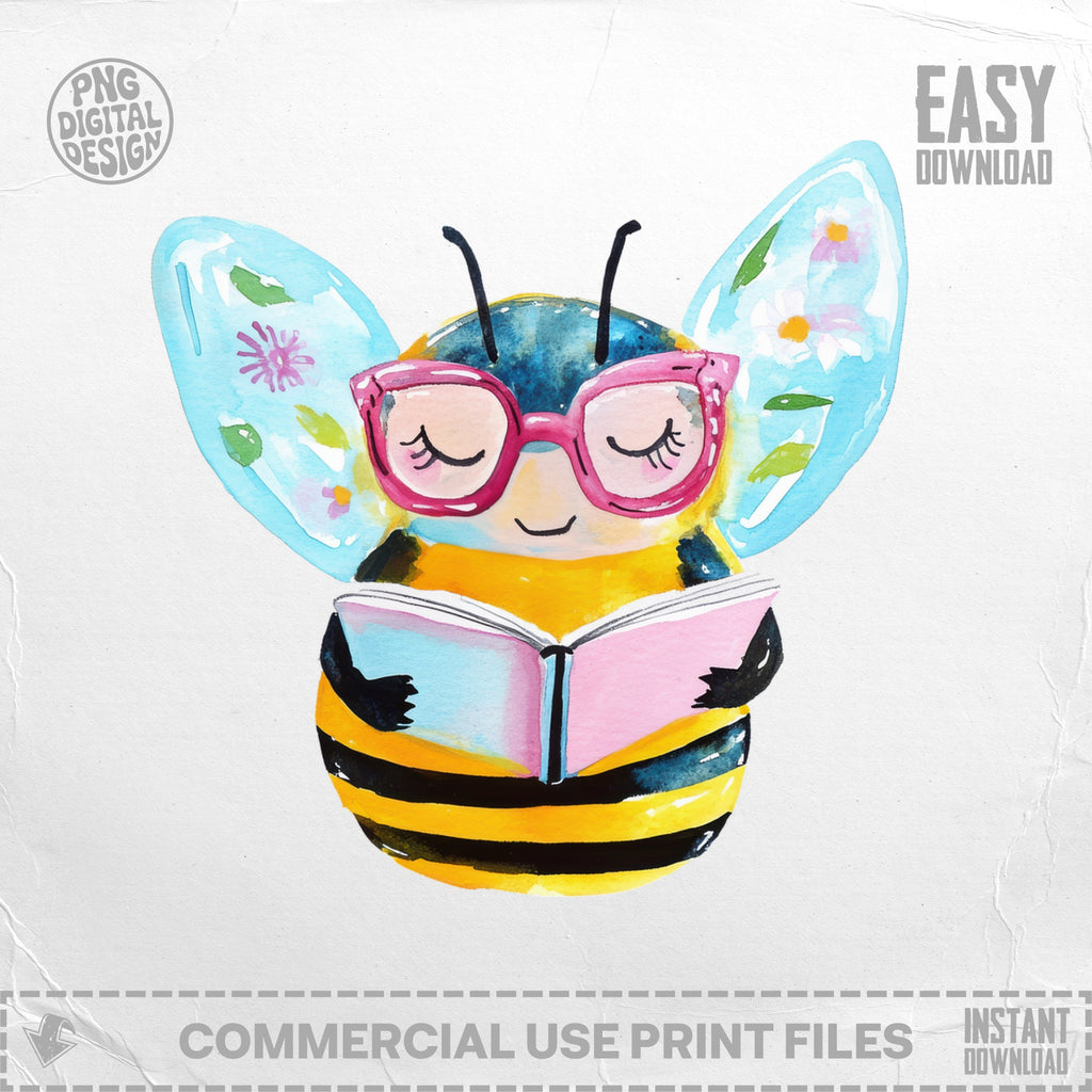 Cute bee wearing glasses reading a book.