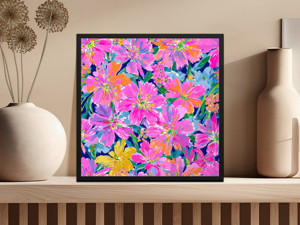 Vibrant floral print with pink, orange, yellow, and blue flowers.
