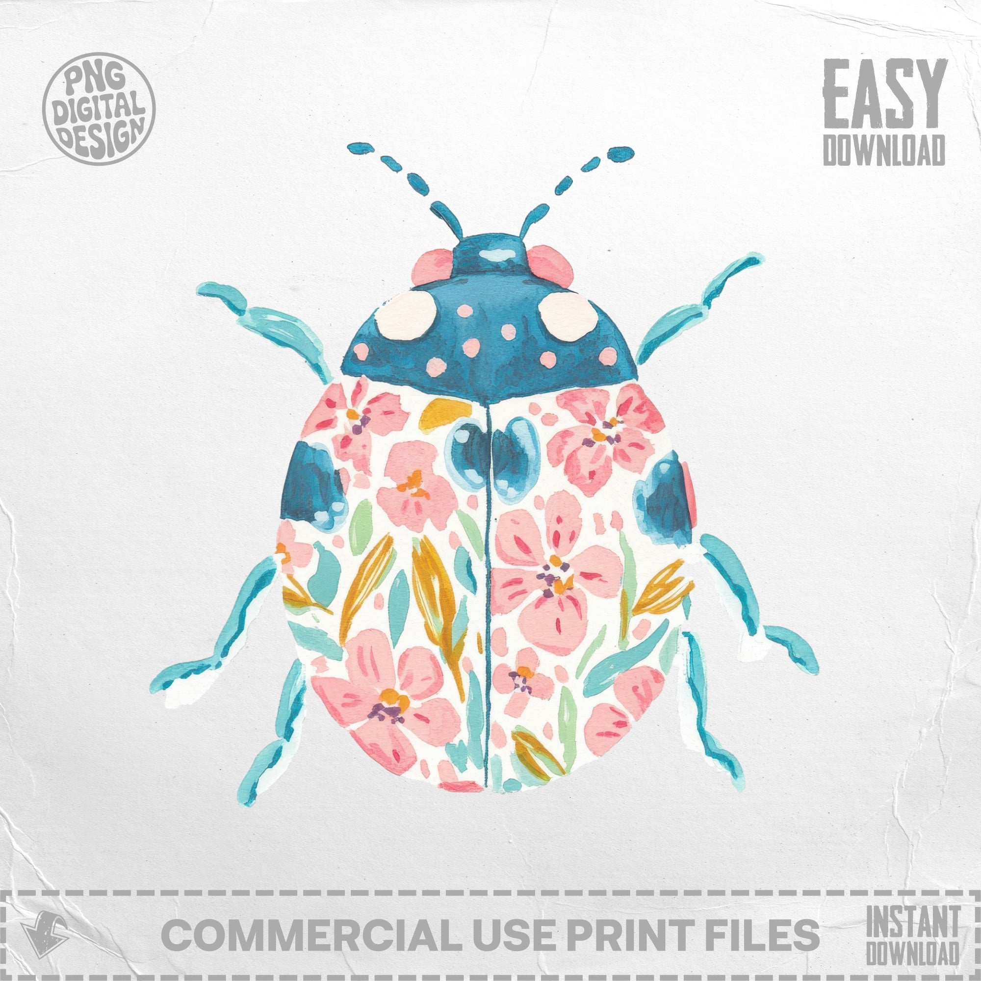 Watercolor ladybug with floral pattern and "Easy Download" text.