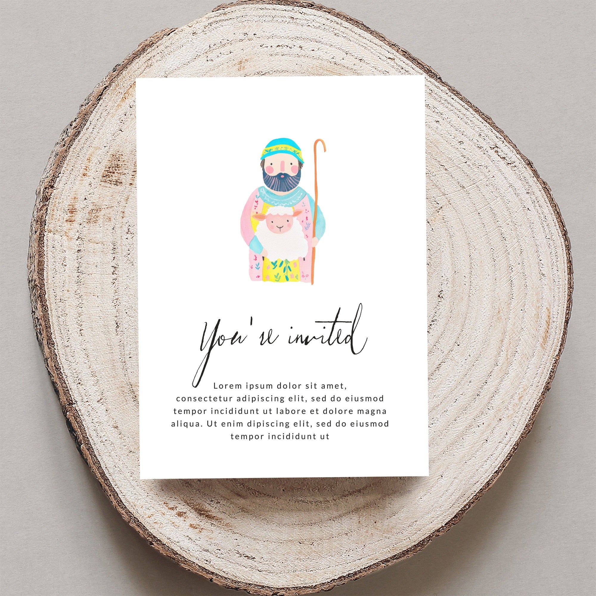 Illustrated card with shepherd and sheep, "You're invited" text.
