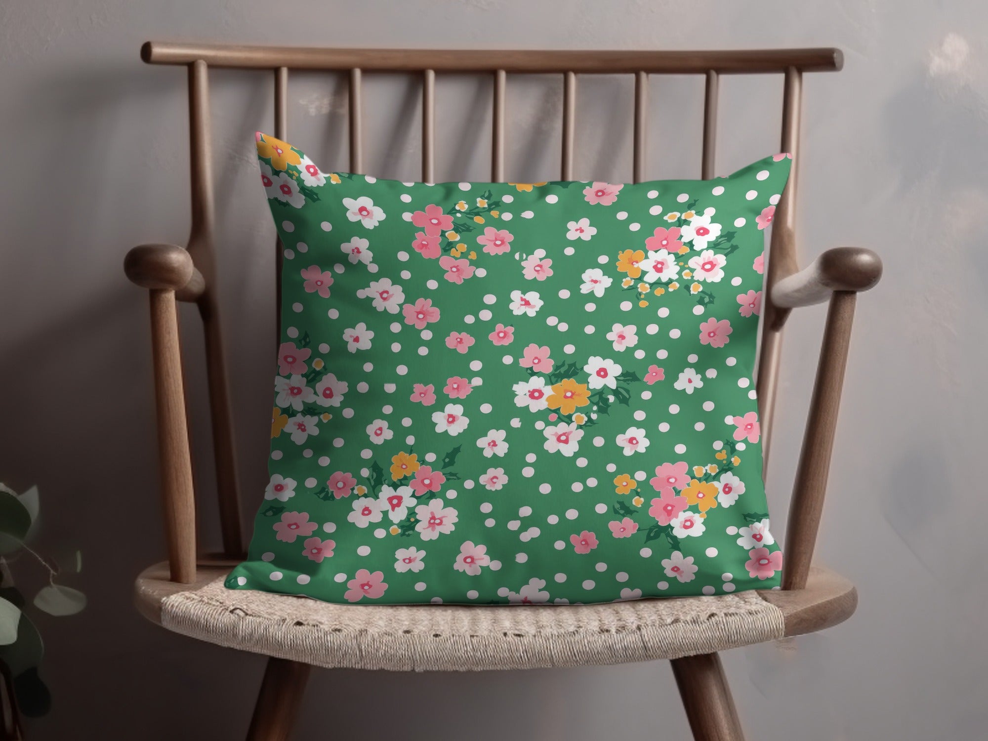 Floral Green Cushion Cover with Pink White Flowers Design