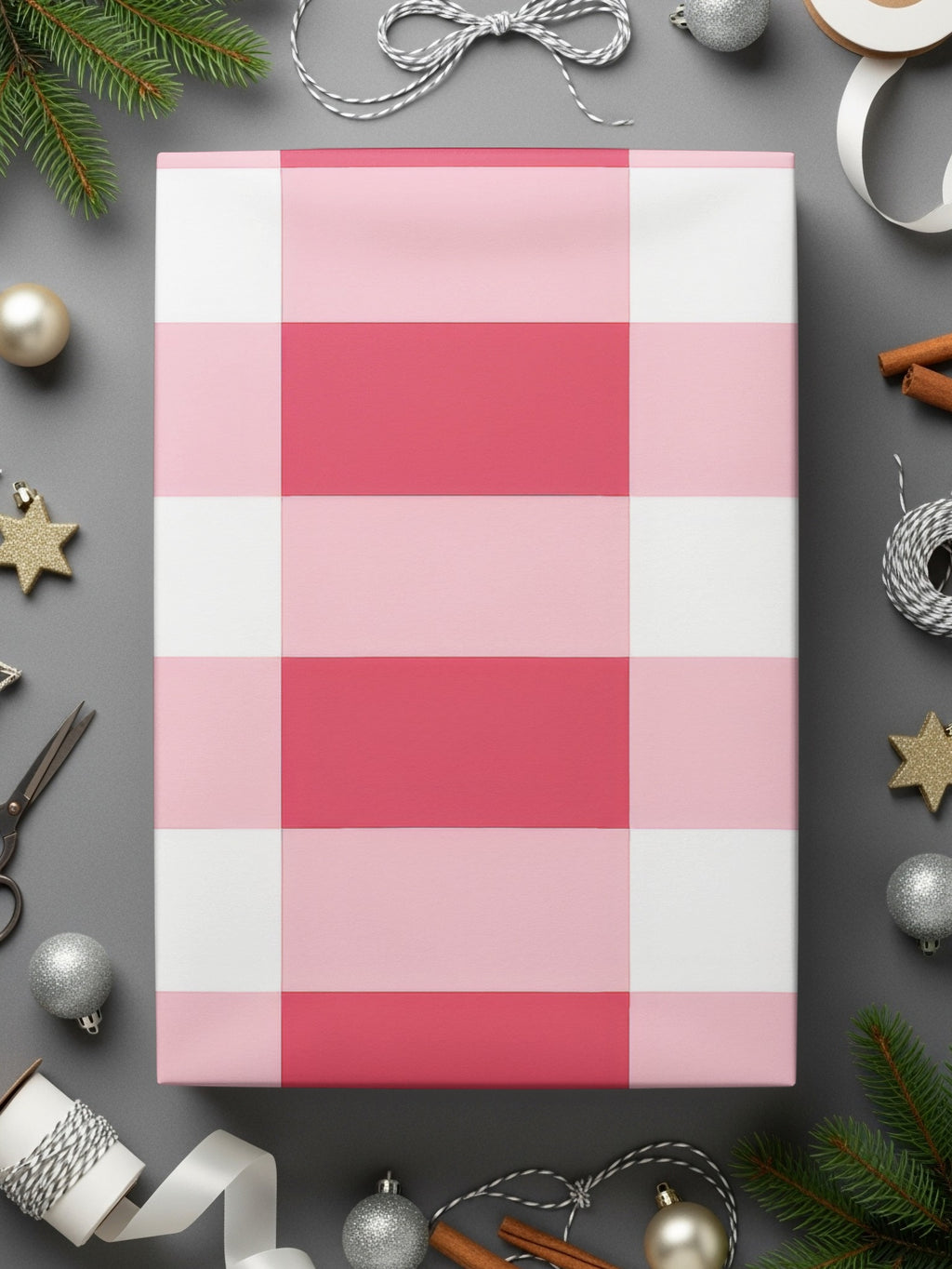 Pink and White Checkered Festive Wrapping Paper Product