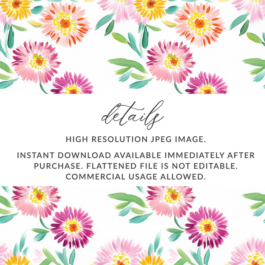 Floral pattern with watercolor daisies and text about digital download.