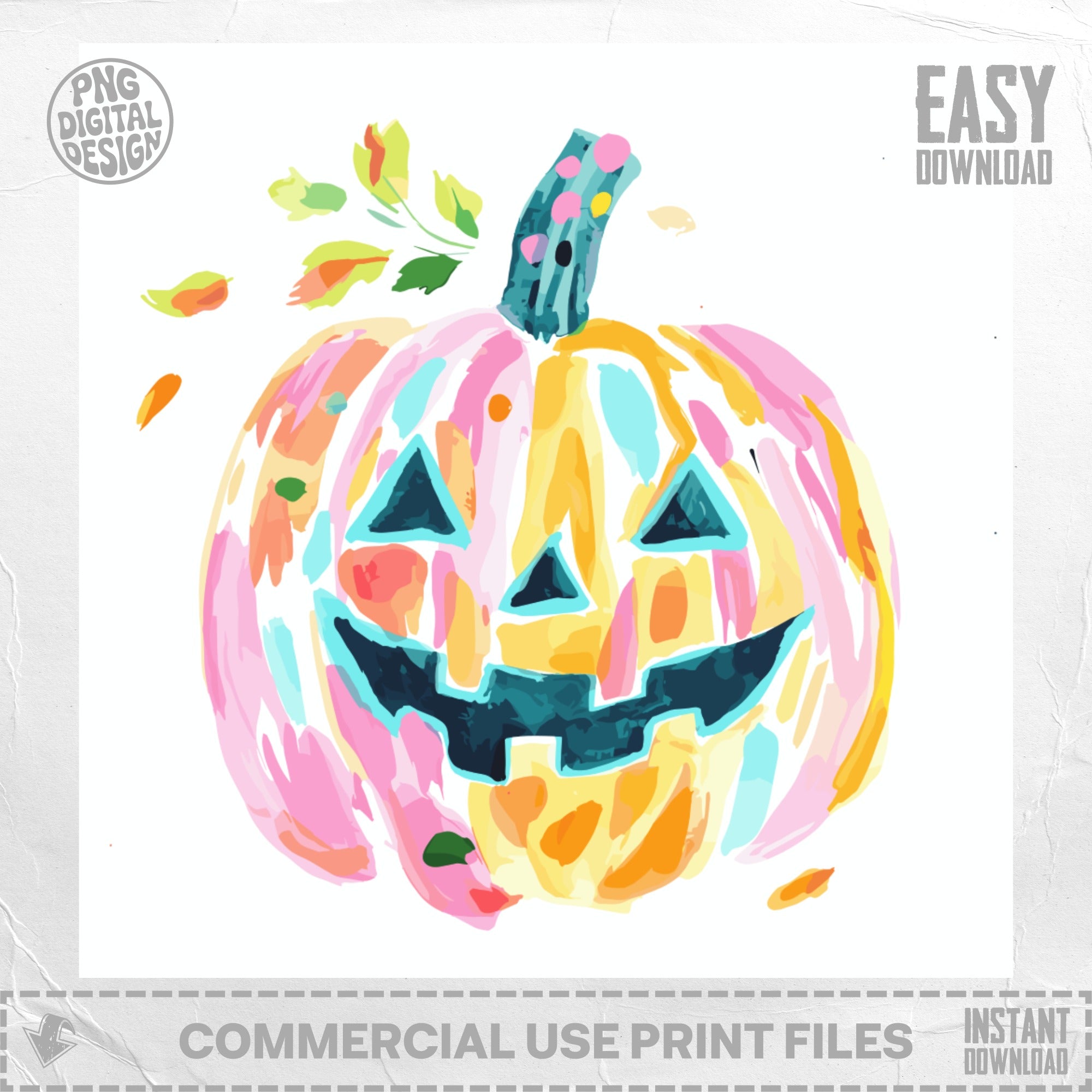 Colorful painted pumpkin with a playful jack-o'-lantern face and leaves.
