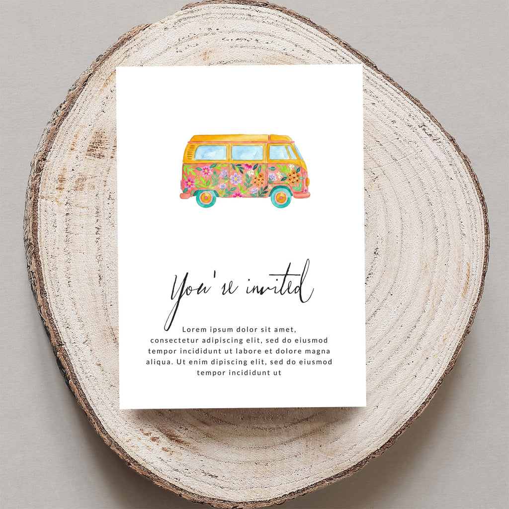 Invitation card with floral camper van and placeholder text.