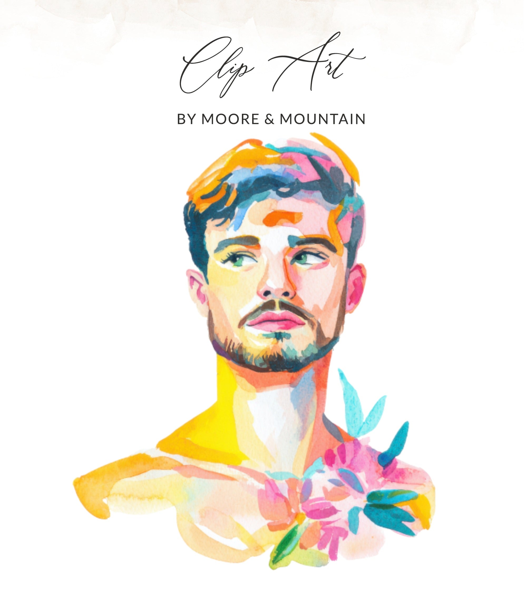 Watercolor portrait of a man with colorful floral accents.