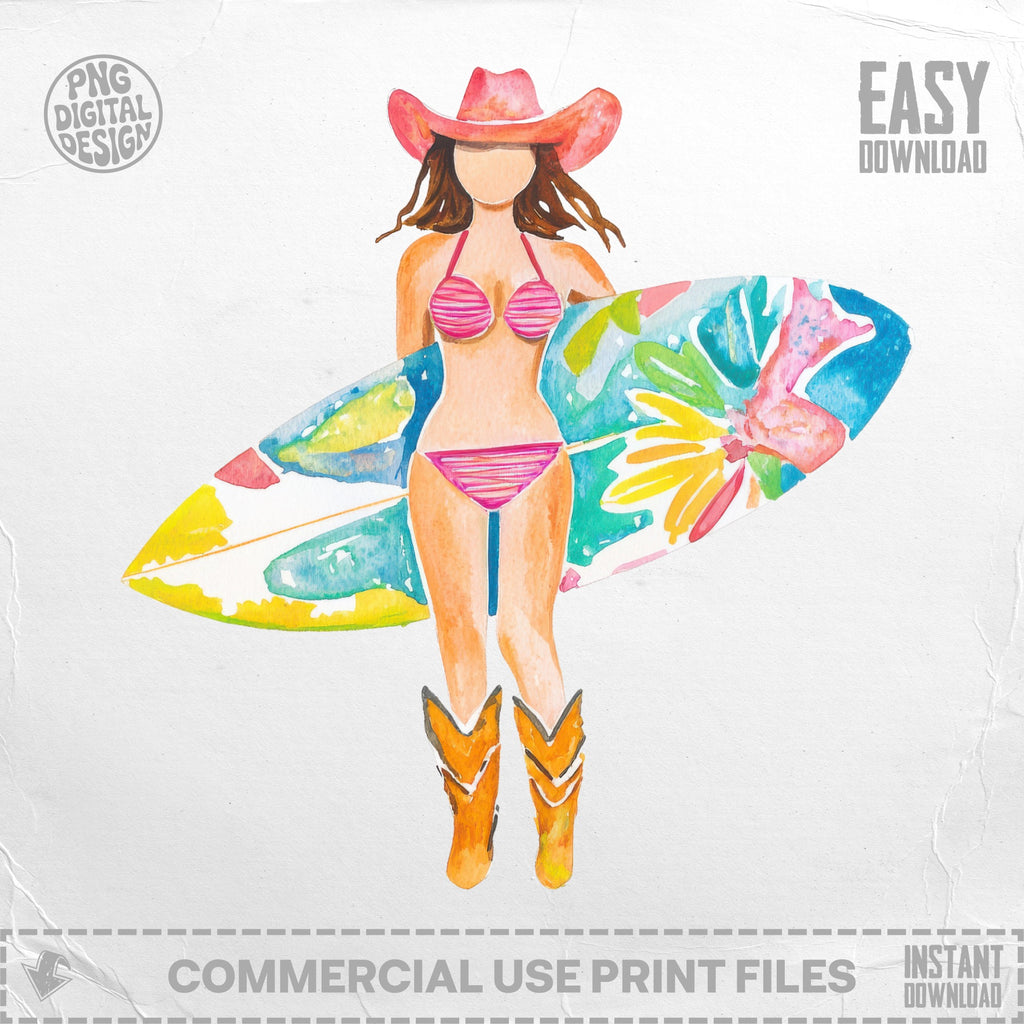 Cowgirl in bikini holding surfboard with colorful floral design.