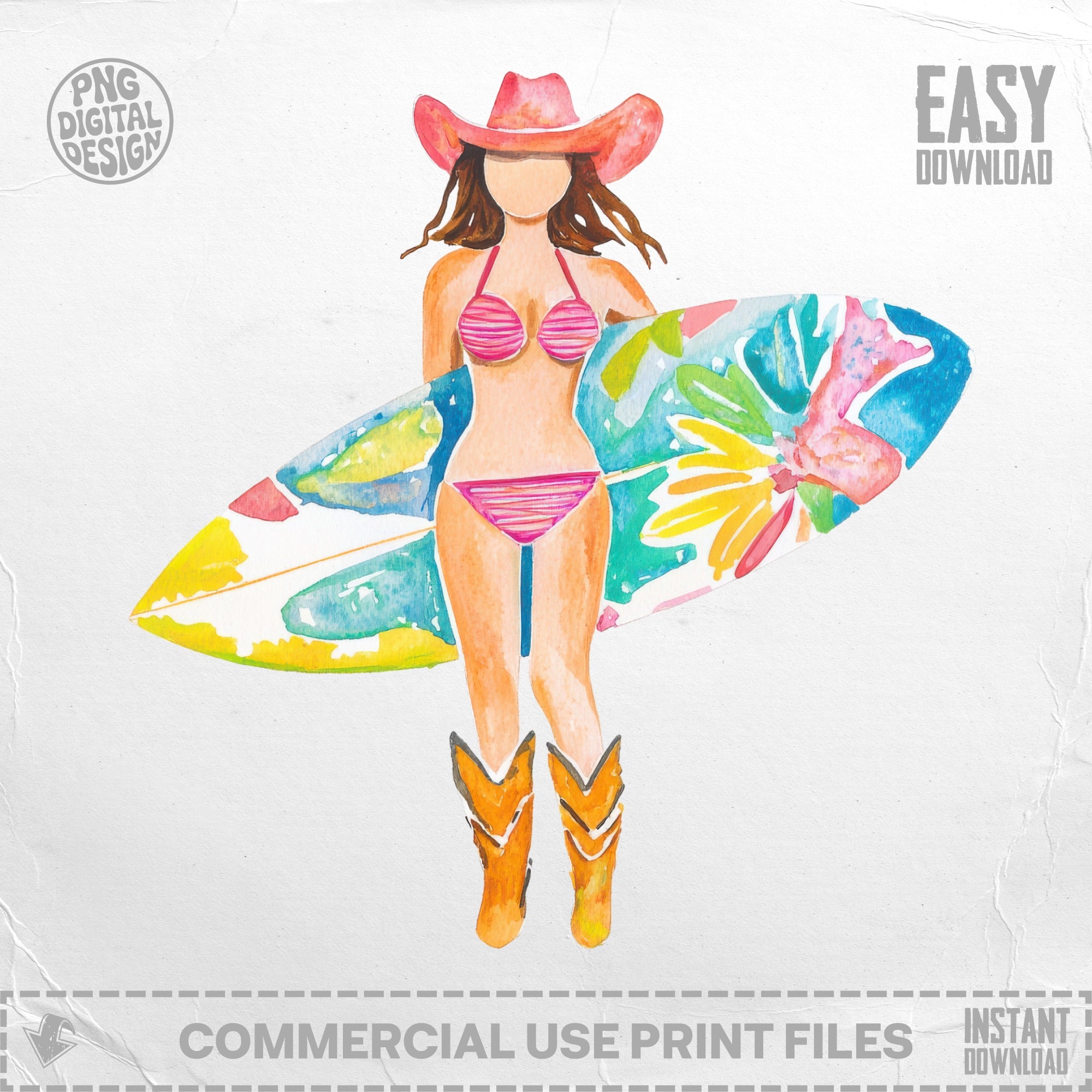 Cowgirl in bikini holding surfboard with colorful floral design.