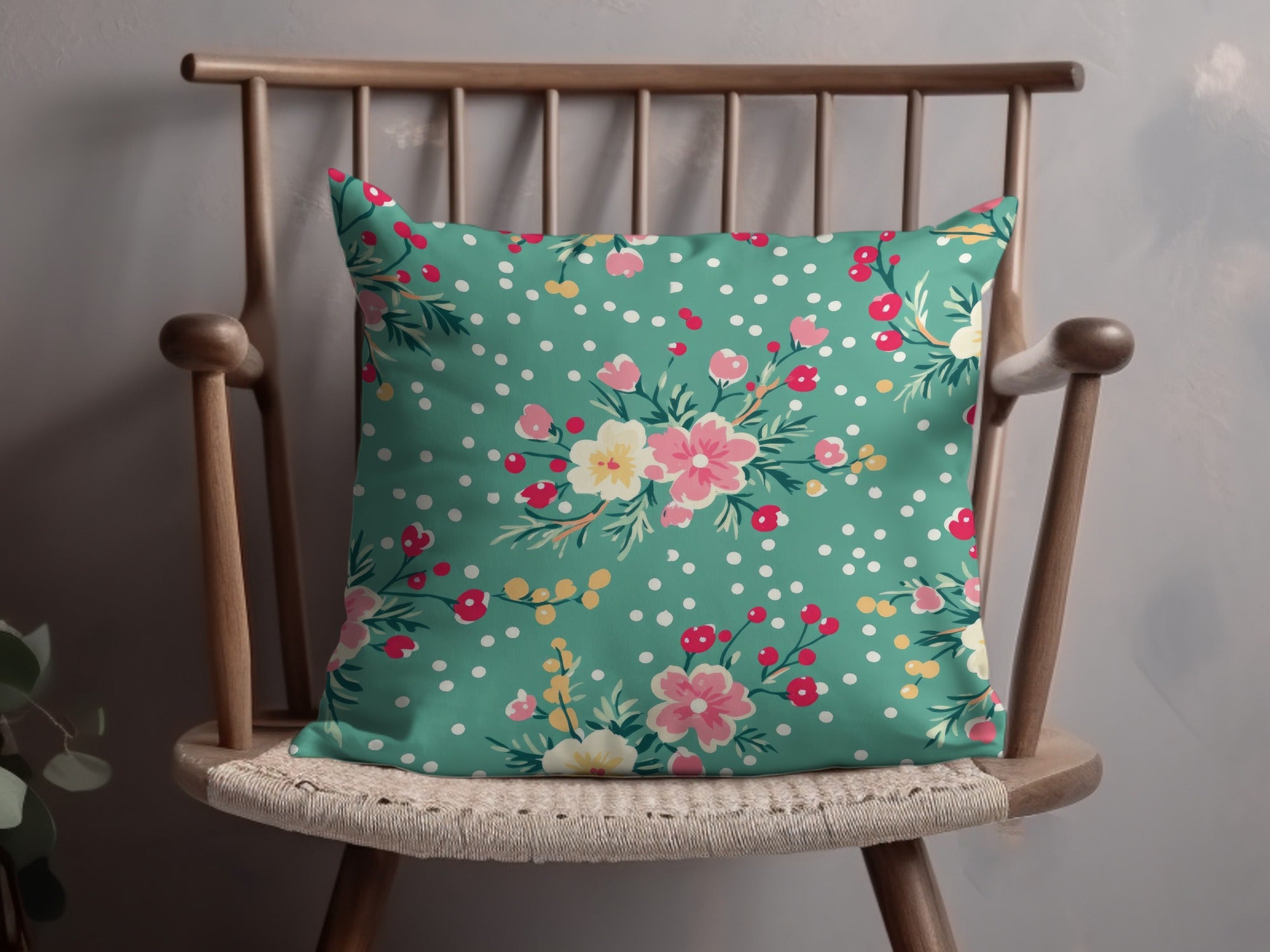 Floral Patterned Cushion with Green Background Decor Pillow