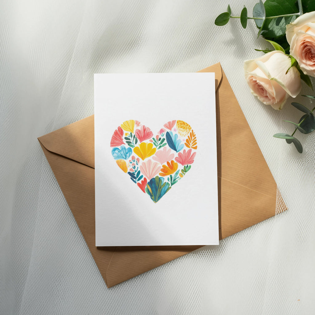 Card with a colorful floral heart design on a brown envelope.