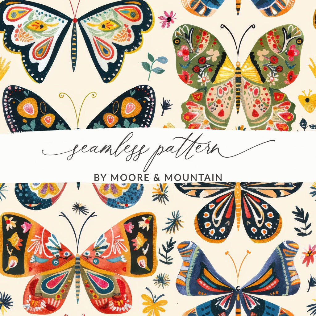 70s Butterflies Seamless Pattern, Doodle Butterfly Background, Retro Butterflies Background - Moore and Mountain