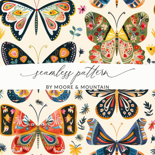 70s Butterflies Seamless Pattern, Doodle Butterfly Background, Retro Butterflies Background - Moore and Mountain