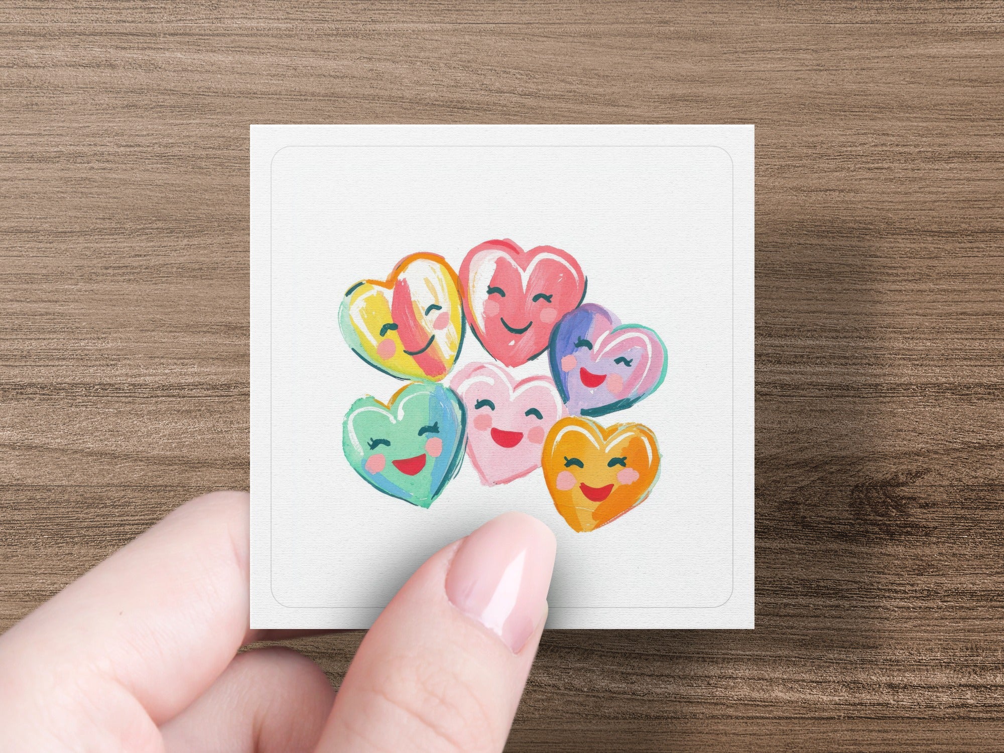 Bunch of colorful candy hearts with smiling faces.