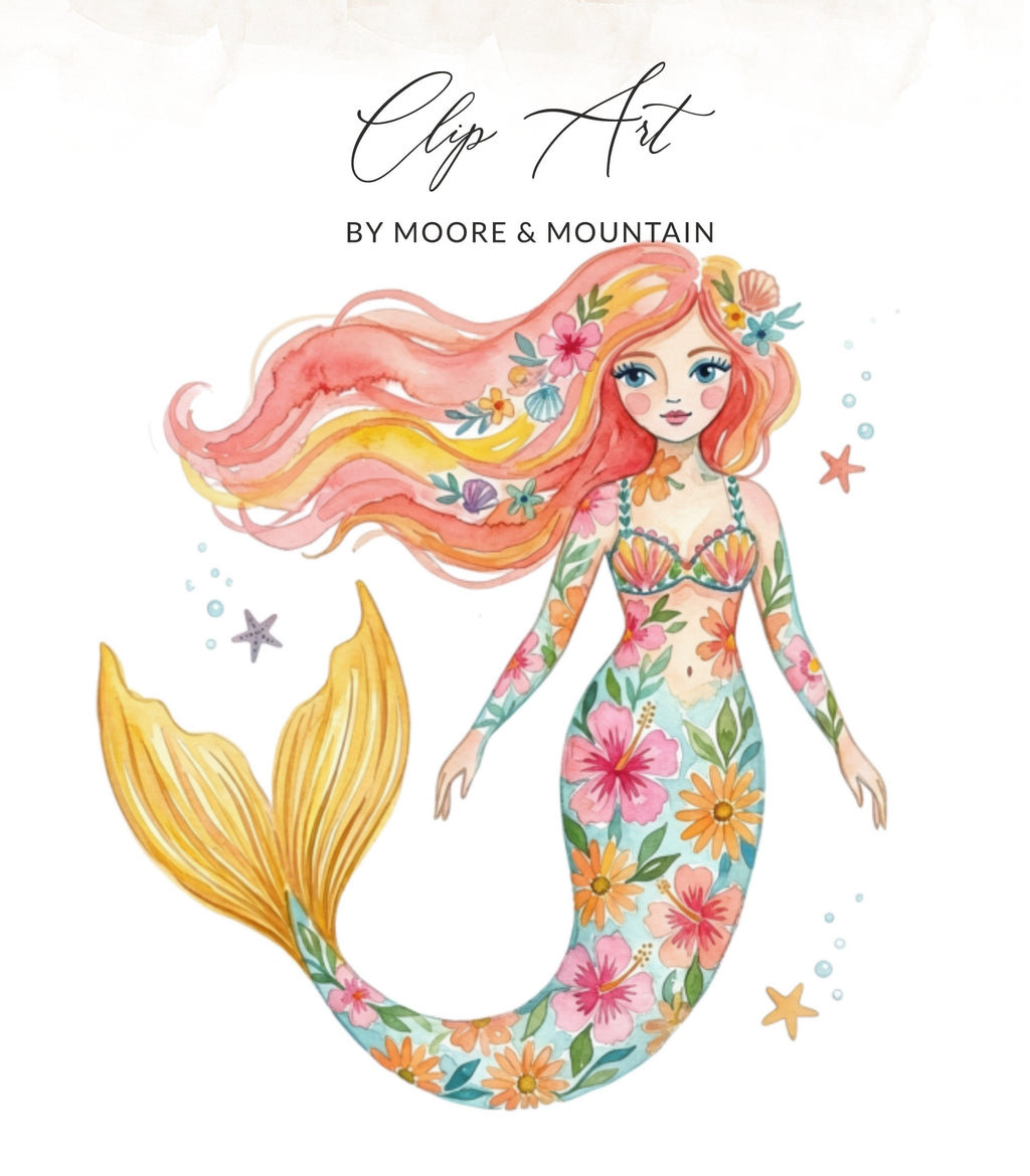 Watercolor mermaid with floral patterned tail and colorful hair.