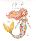 Watercolor mermaid with floral patterned tail and colorful hair.