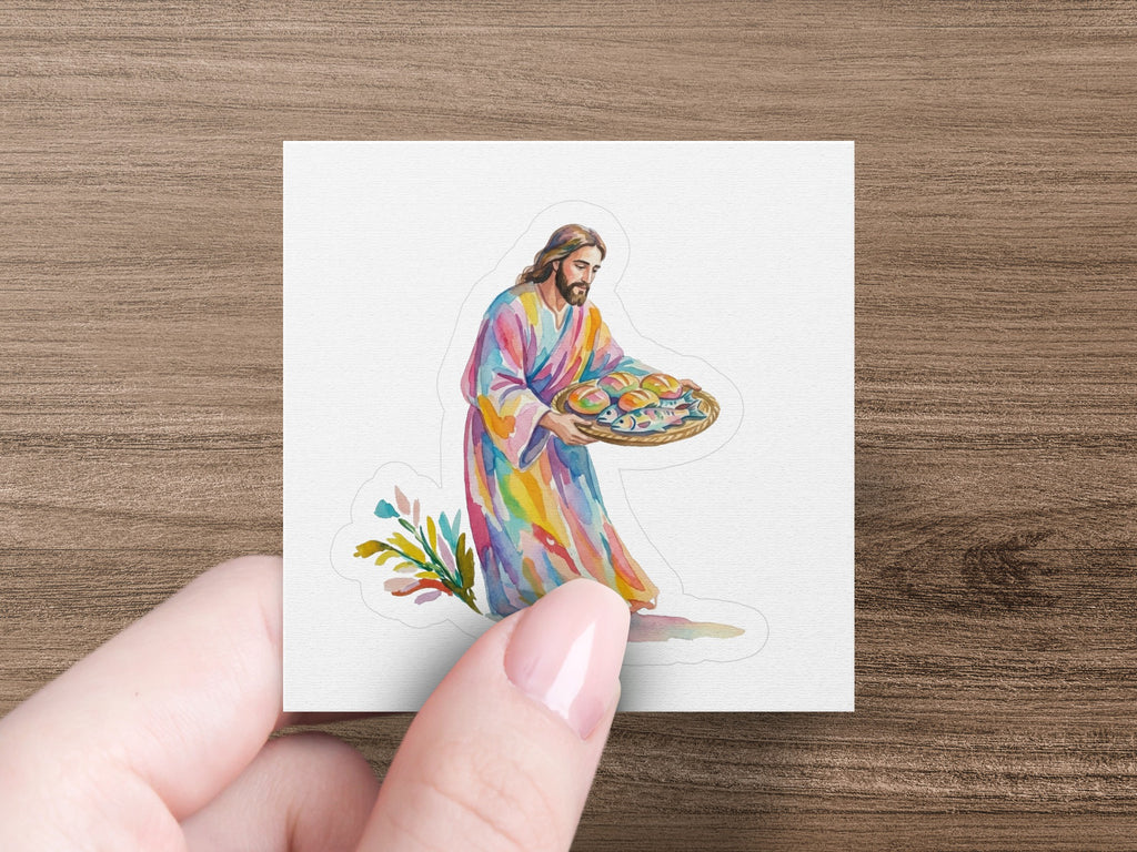 Jesus holding a basket of loaves and fish.