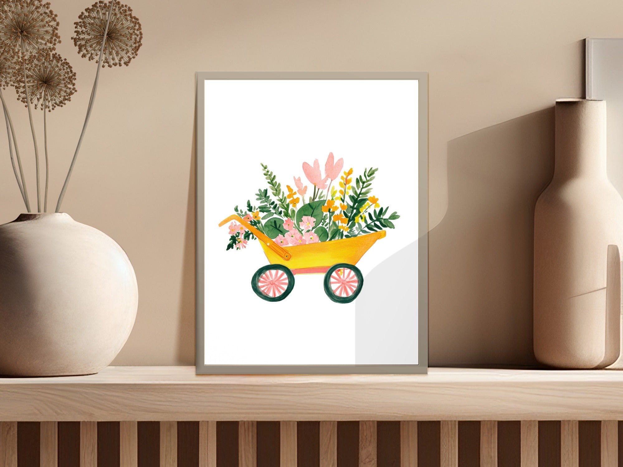 Watercolor illustration of a yellow wheelbarrow overflowing with colorful flowers and greenery.
