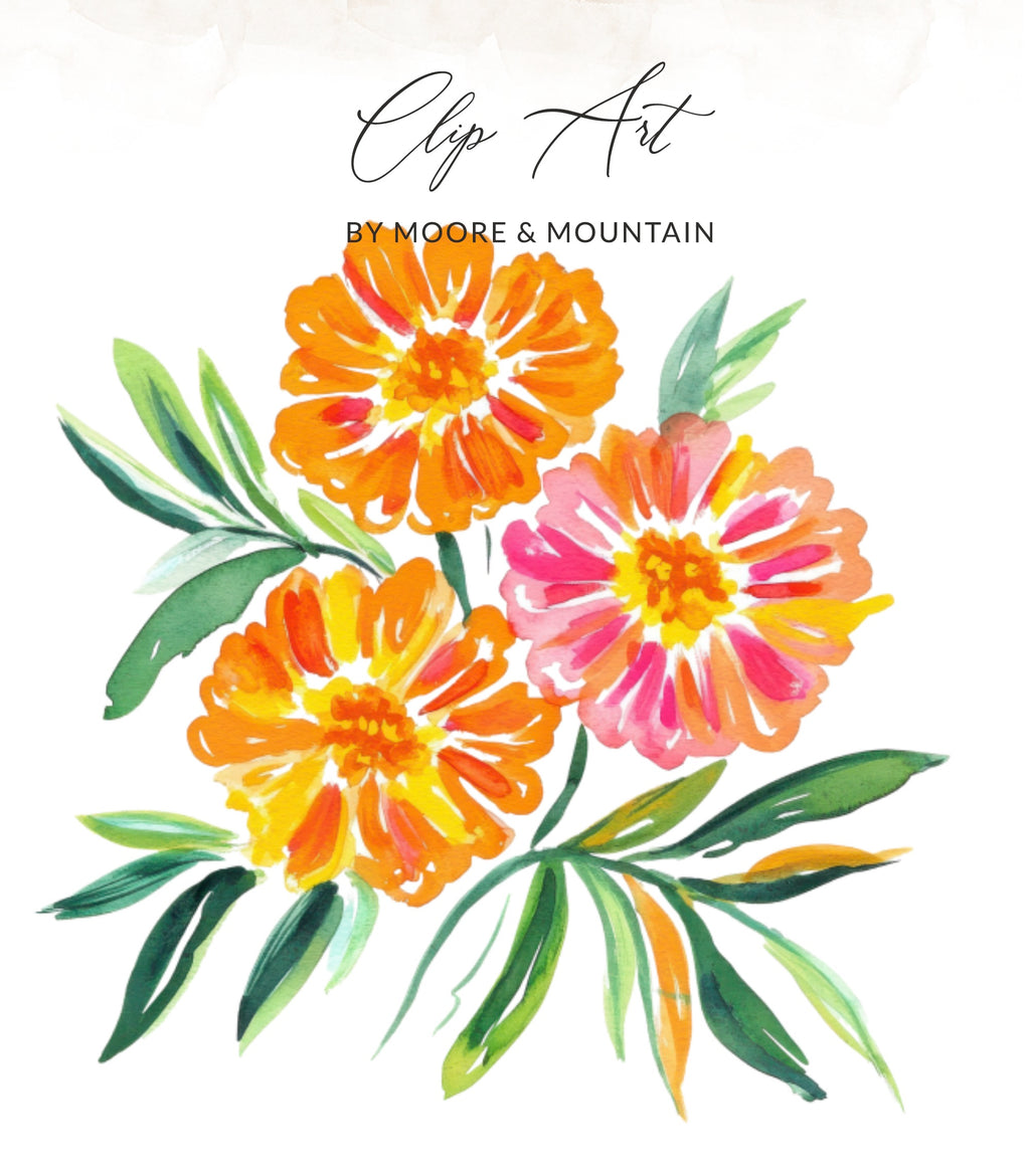 Watercolor clip art of three zinnia flowers with green leaves.