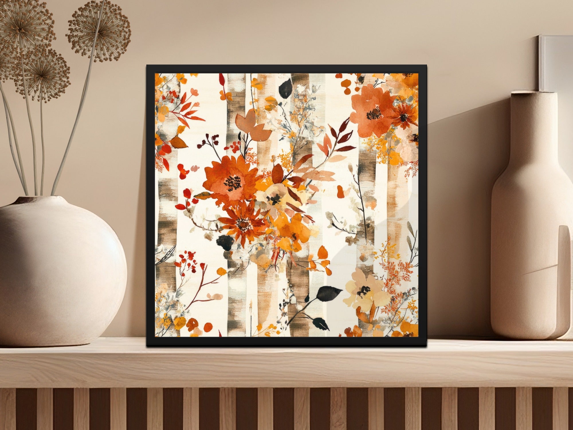 Autumn Floral and Birch Tree Framed Art Print