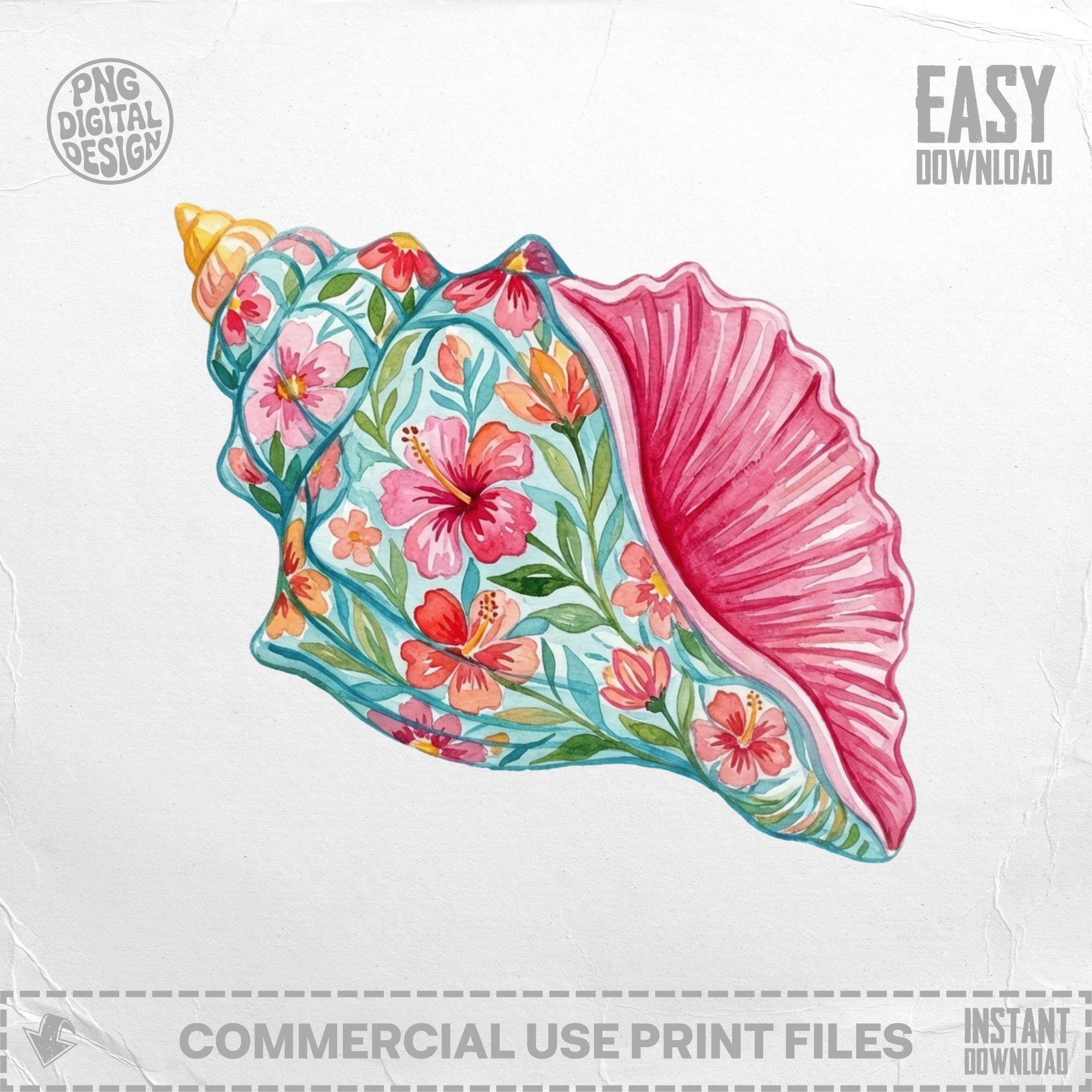 Watercolor seashell with vibrant floral pattern, pink fins, and yellow tip.