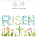 Risen text with floral letters, a cross, and grass.