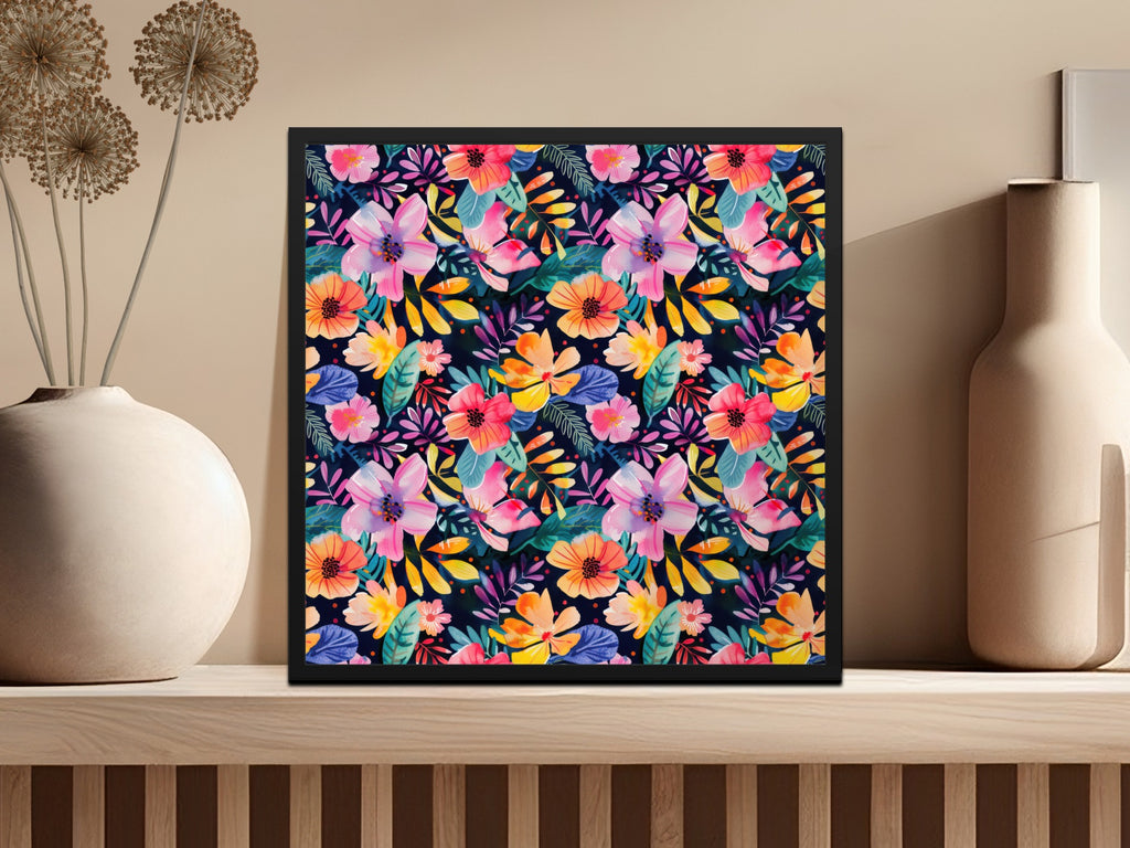Vibrant Colorful Botanical Floral Pattern Artwork product type
floral pattern, botanical art, vibrant flowers, colorful design, dark background, watercolor style, modern floral, abstract flowers, summer blooms, tropical pattern, wall decor, home accent, art print, garden theme, bright blossoms, artistic flora, decorative art, nature inspired, contemporary design, unique pattern