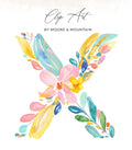 Watercolor floral letter X with "Clip Art" and "BY MOORE & MOUNTAIN" text.