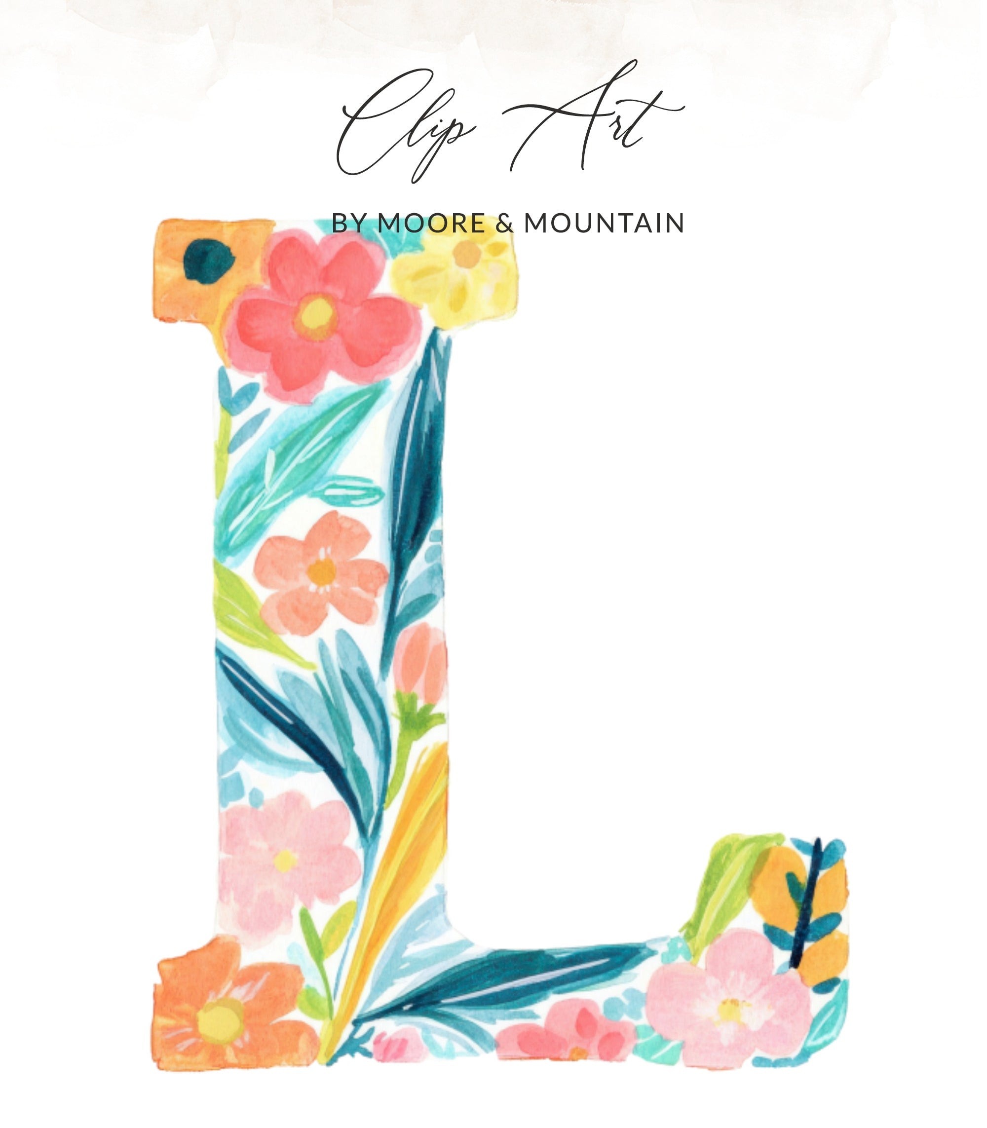 Watercolor floral letter L with "Clip Art by Moore & Mountain" at the top.
