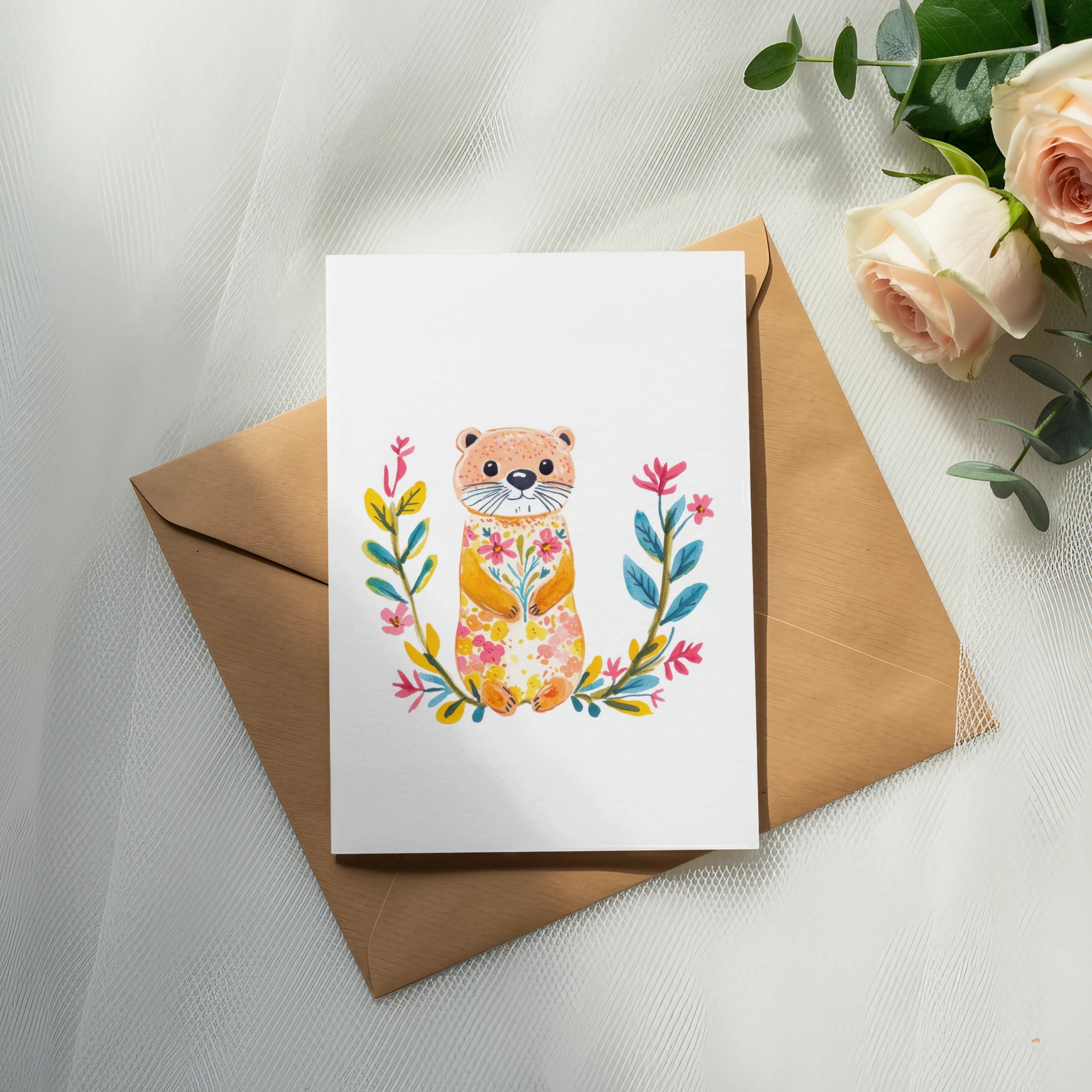 Card with illustrated otter surrounded by colorful floral wreath on brown envelope.