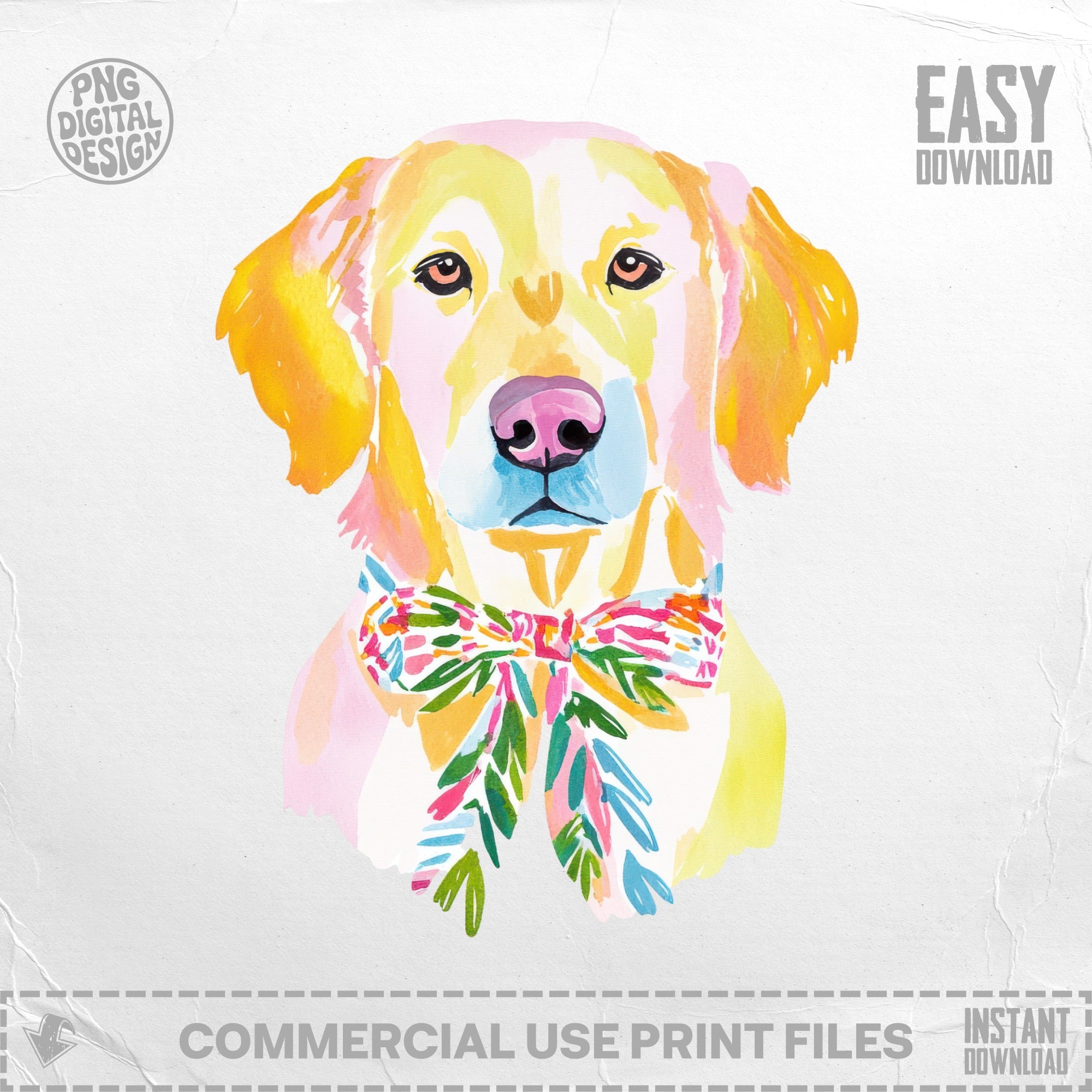 Watercolor golden retriever wearing a colorful bow tie, with "EASY DOWNLOAD" text.