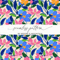 Floral seamless pattern in blue, pink, and orange with "seamless pattern by Moore & Mountain" text.
