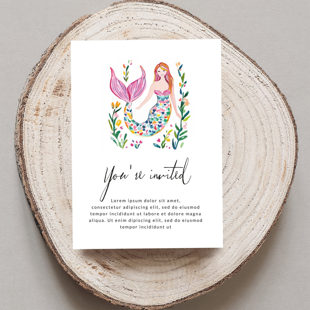 Invitation with a watercolor mermaid illustration and placeholder text.