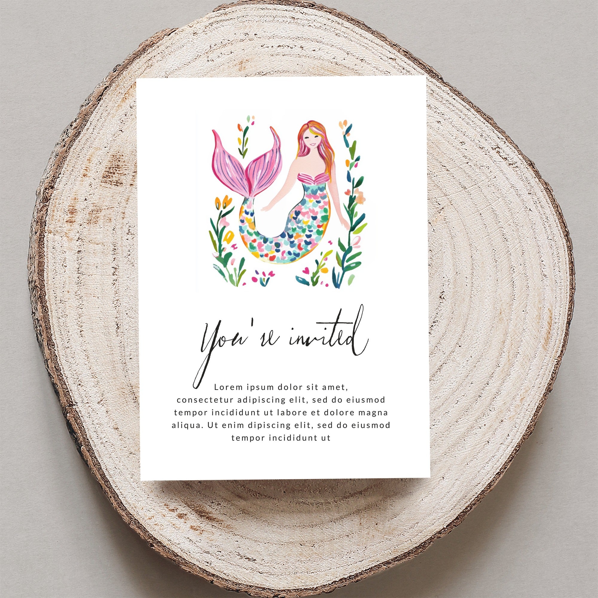Invitation with a watercolor mermaid illustration and placeholder text.