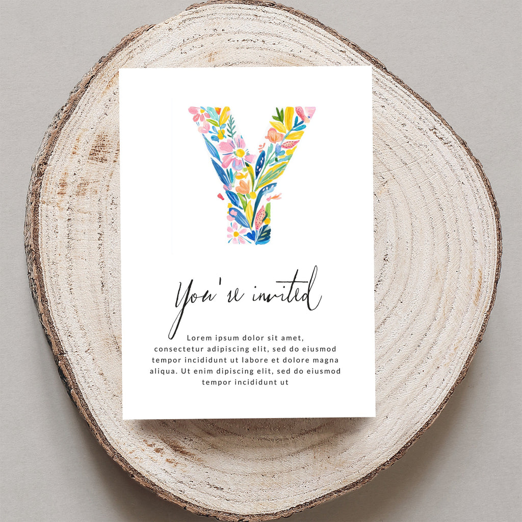 Invitation card with a floral "Y" and "You're invited" text.